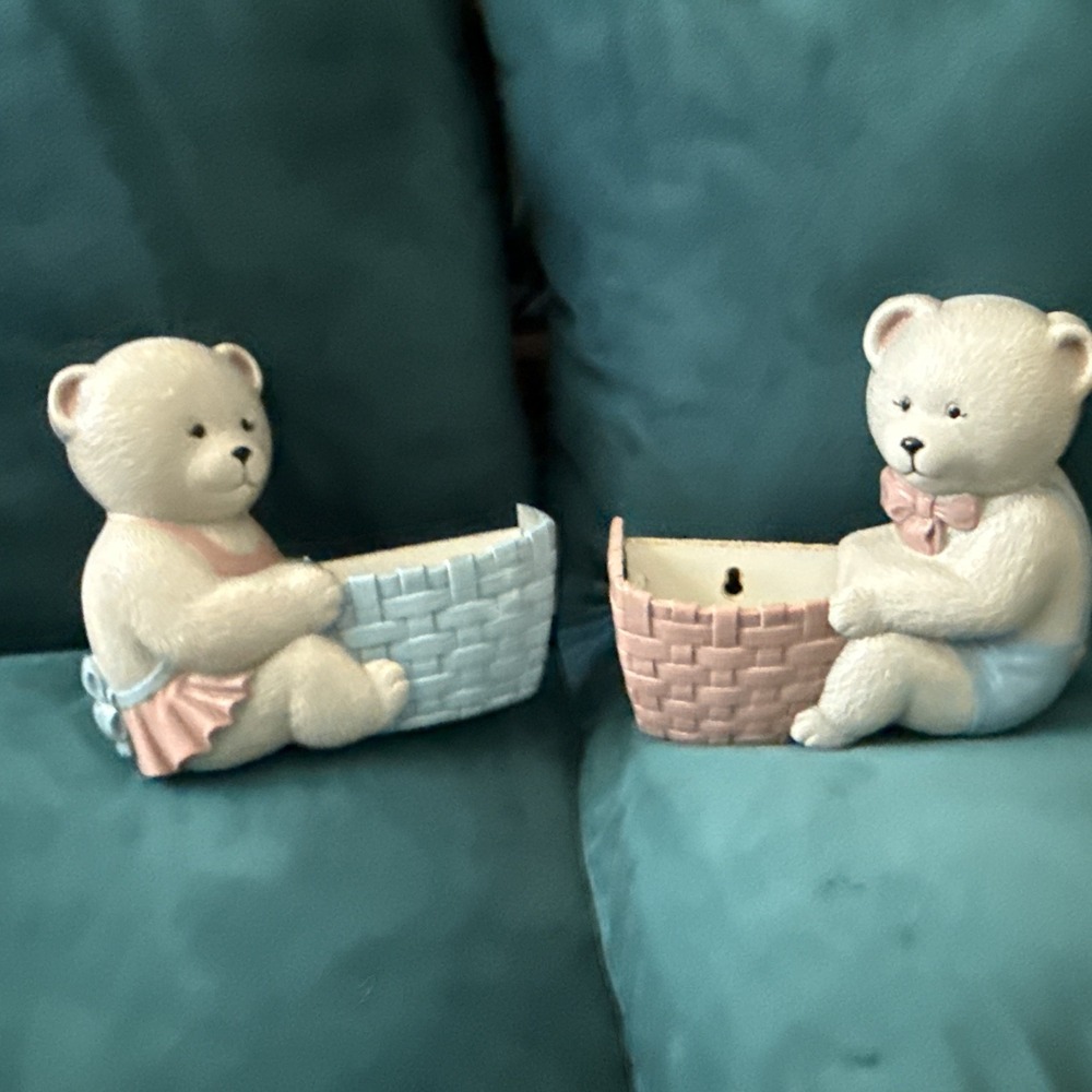 Pair VTG Bear With Basket Wall Pocket Burwood Products Cottagecore Nursery USA